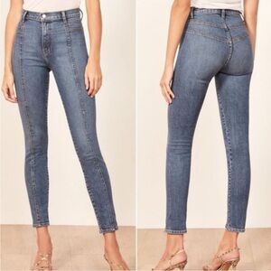 Reformation Suzie High Rise Waisted Jeans Rhine Blue Wash 28  Seamed Stretchy